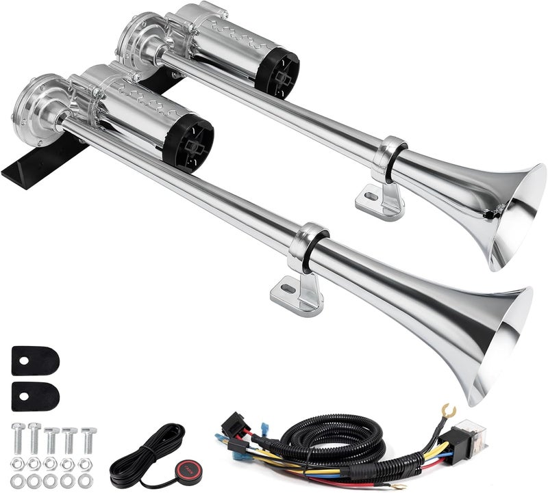 FARBIN Dual Trumpet Air Horn, 12V Train Horn for Truck with 2 Air Compressors,178dB Loud Horns for Any 12V Vehicles Trucks Pickups SUV Lorrys Boats (Silver Integrated Trumpet with Button) - Image 1